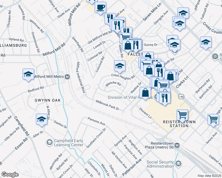 map of restaurants, bars, coffee shops, grocery stores, and more near 6967 Brookmill Road in Baltimore
