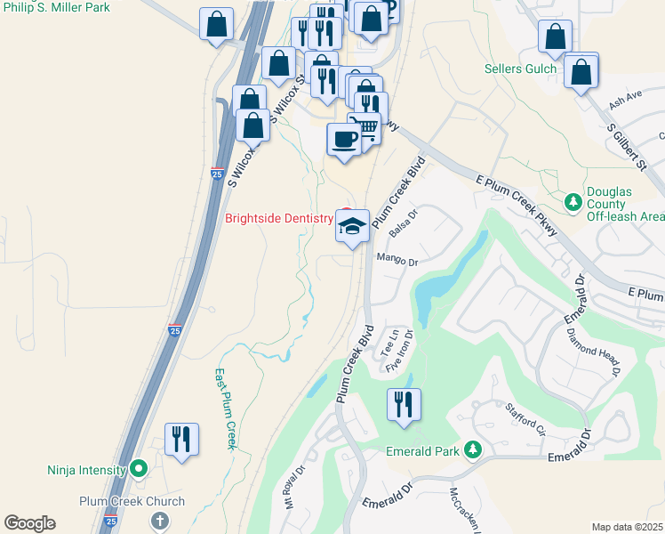 map of restaurants, bars, coffee shops, grocery stores, and more near 1297 South Perry Street in Castle Rock
