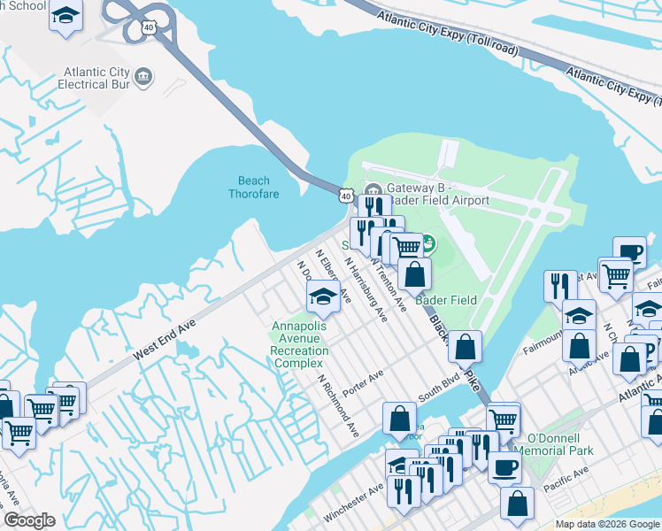 map of restaurants, bars, coffee shops, grocery stores, and more near 720 North Elberon Avenue in Atlantic City