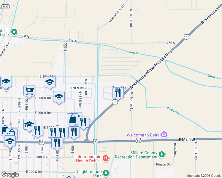 map of restaurants, bars, coffee shops, grocery stores, and more near 644 Sunset St in Delta
