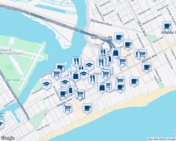 map of restaurants, bars, coffee shops, grocery stores, and more near 126 North Texas Avenue in Atlantic City