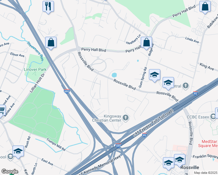 map of restaurants, bars, coffee shops, grocery stores, and more near 7525 Gum Spring Road in Rosedale