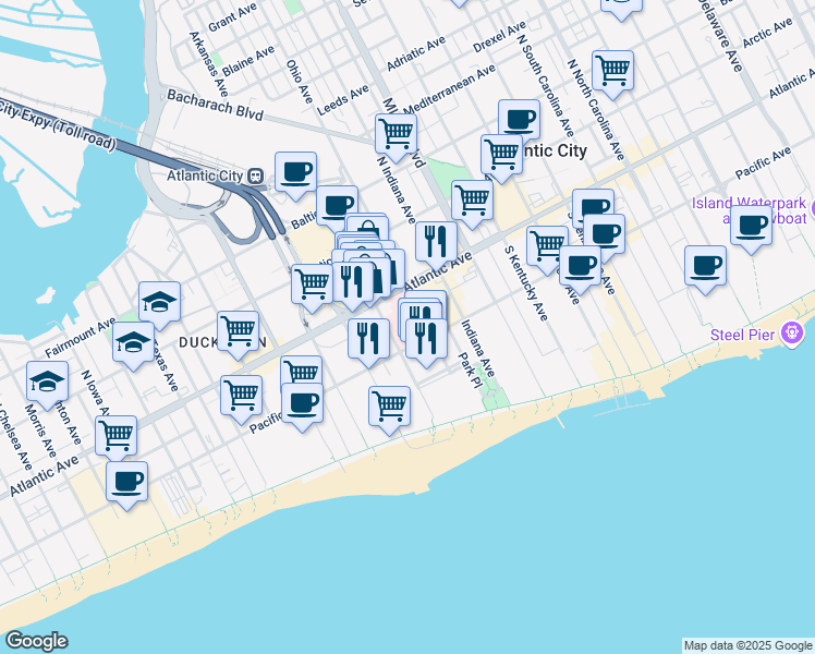 map of restaurants, bars, coffee shops, grocery stores, and more near 1925 Pacific Avenue in Atlantic City