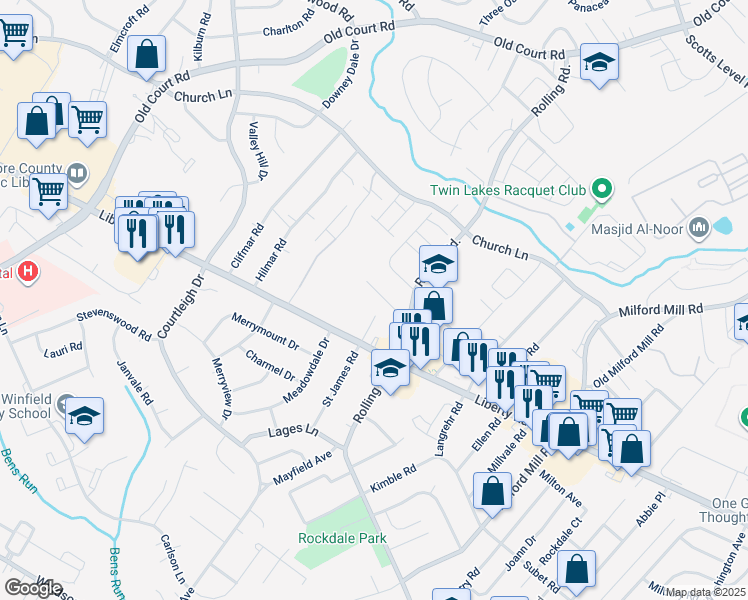 map of restaurants, bars, coffee shops, grocery stores, and more near 3627 Valley Terrace in Milford Mill