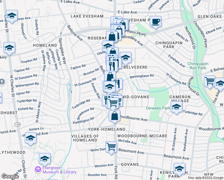 map of restaurants, bars, coffee shops, grocery stores, and more near 5610 York Road in Baltimore