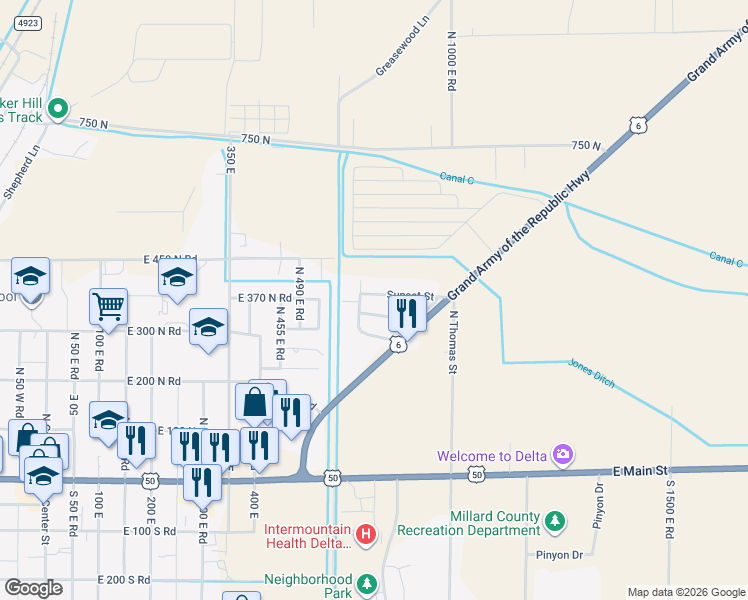 map of restaurants, bars, coffee shops, grocery stores, and more near 644 Sunset Street in Delta