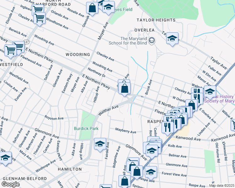 map of restaurants, bars, coffee shops, grocery stores, and more near 3603 East Northern Parkway in Baltimore