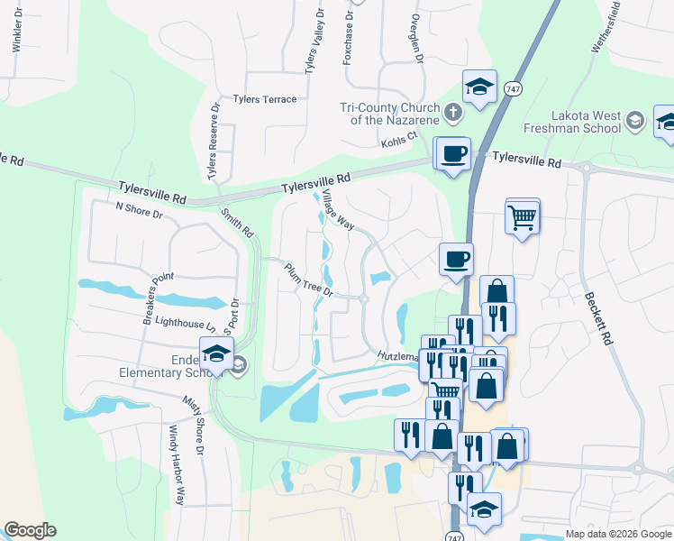 map of restaurants, bars, coffee shops, grocery stores, and more near 7958 Threshing Court in Butler County