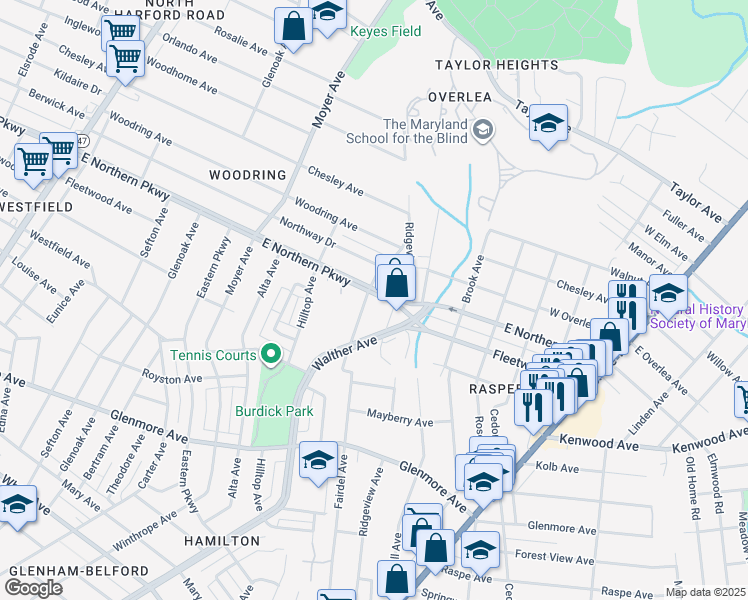 map of restaurants, bars, coffee shops, grocery stores, and more near 3603 East Northern Parkway in Baltimore