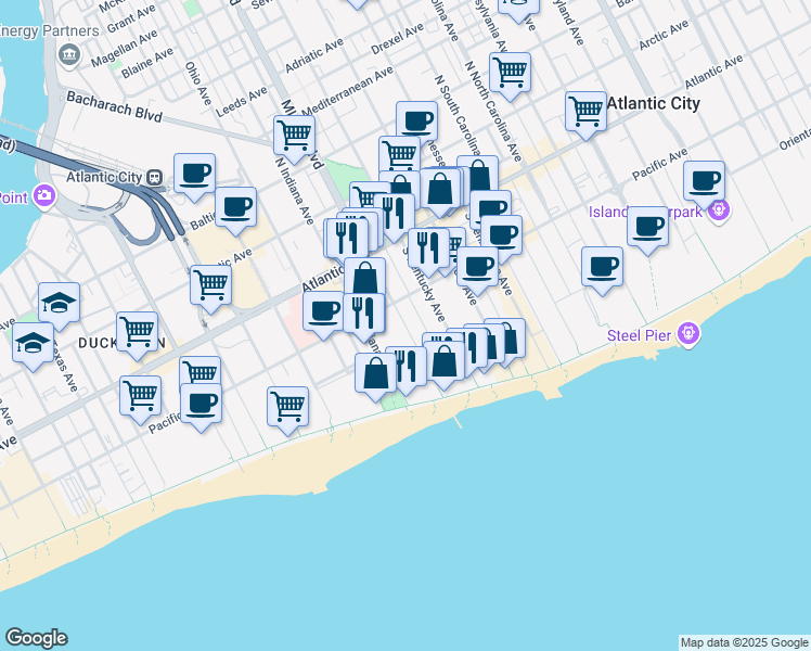 map of restaurants, bars, coffee shops, grocery stores, and more near 123 South Doctor Martin Luther King Boulevard in Atlantic City