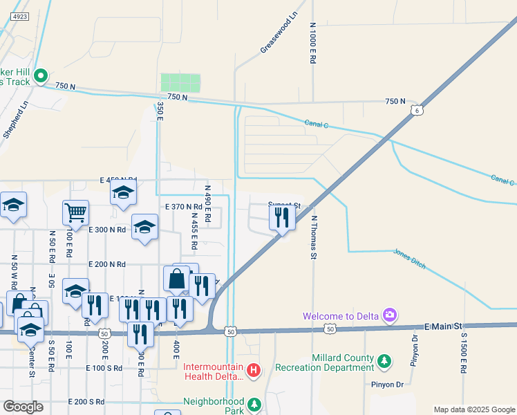 map of restaurants, bars, coffee shops, grocery stores, and more near 628 Sunset Street in Delta