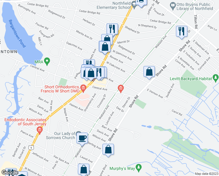 map of restaurants, bars, coffee shops, grocery stores, and more near 212 Central Avenue in Linwood
