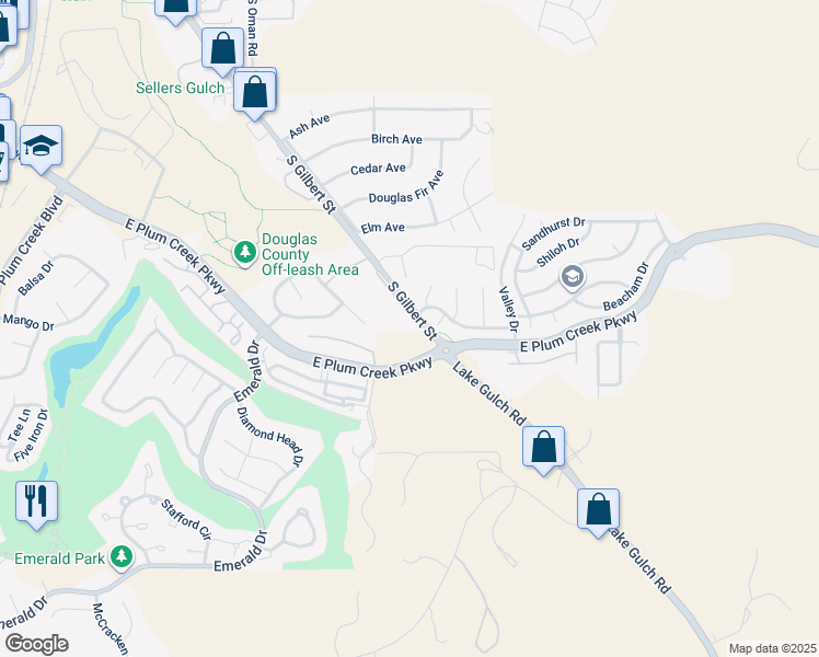 map of restaurants, bars, coffee shops, grocery stores, and more near 1251 South Gilbert Street in Castle Rock