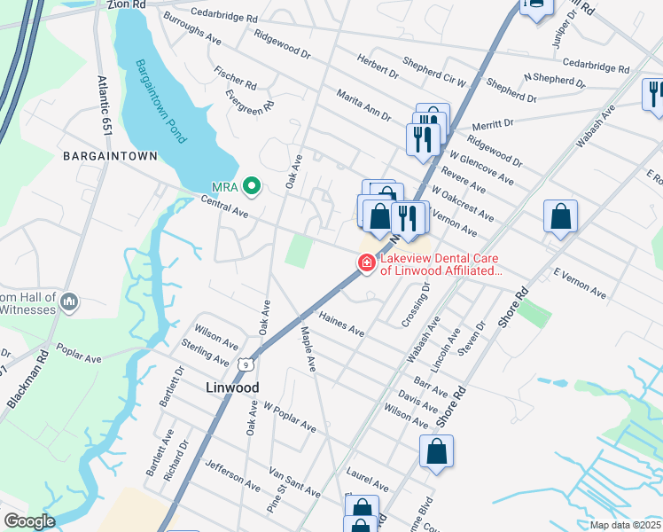 map of restaurants, bars, coffee shops, grocery stores, and more near 563 Central Avenue in Linwood