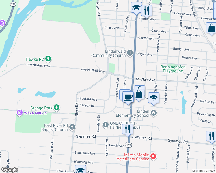 map of restaurants, bars, coffee shops, grocery stores, and more near 3860 Weigel Lane in Hamilton