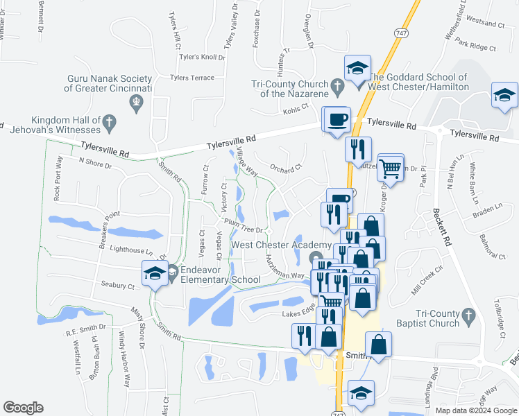 map of restaurants, bars, coffee shops, grocery stores, and more near 7958 Threshing Court in Butler County