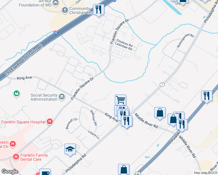 map of restaurants, bars, coffee shops, grocery stores, and more near 5380 King Arthur Circle in Rosedale