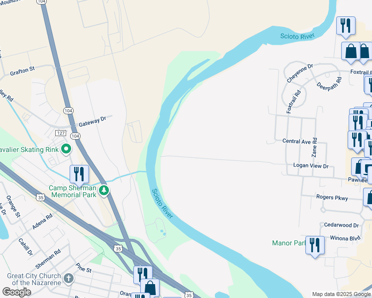 map of restaurants, bars, coffee shops, grocery stores, and more near in Chillicothe