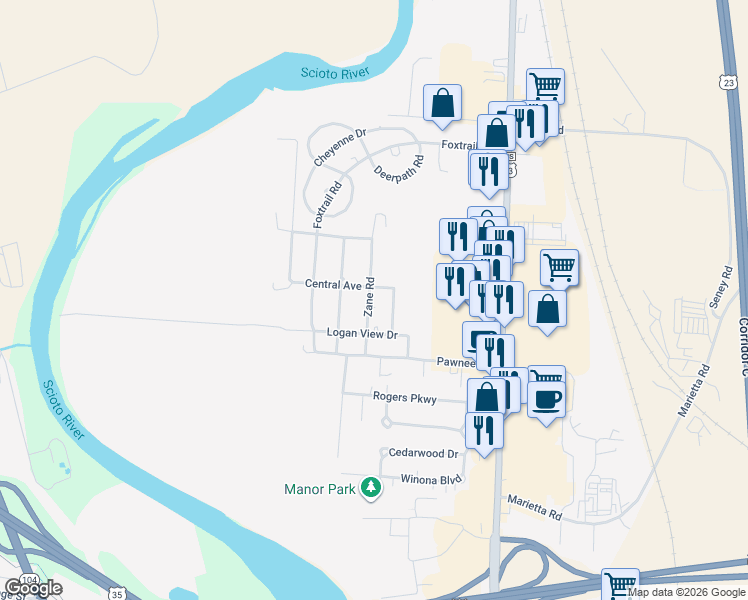 map of restaurants, bars, coffee shops, grocery stores, and more near 344 Zane Road in Chillicothe