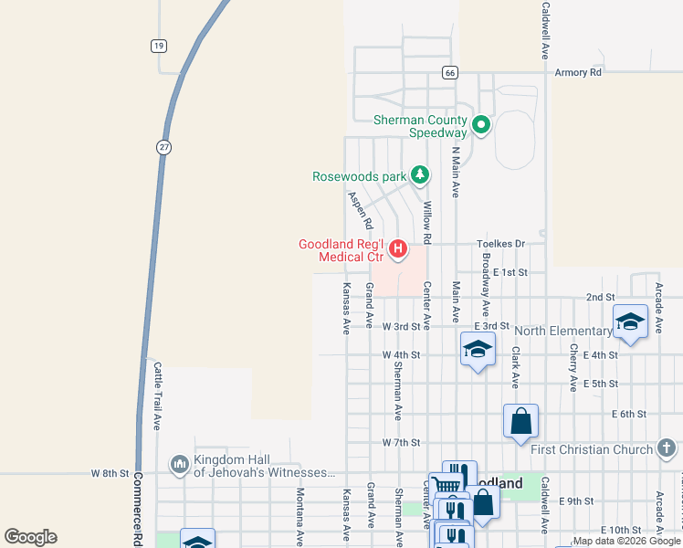 map of restaurants, bars, coffee shops, grocery stores, and more near West 1st Street in Goodland