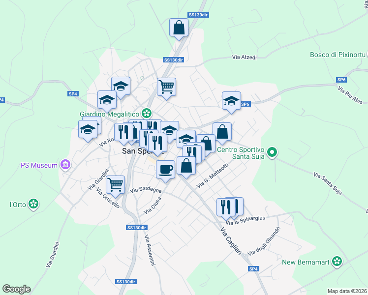 map of restaurants, bars, coffee shops, grocery stores, and more near 26 Via Carbonia in San Sperate