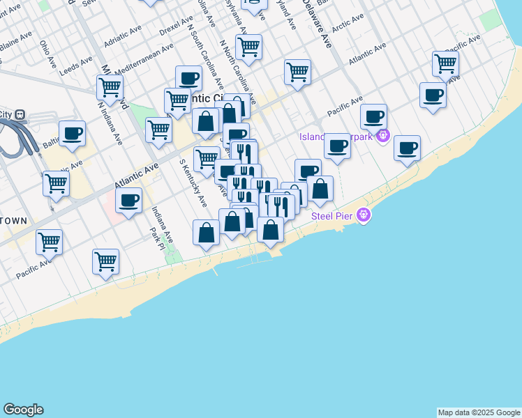 map of restaurants, bars, coffee shops, grocery stores, and more near 215 South Tennessee Avenue in Atlantic City