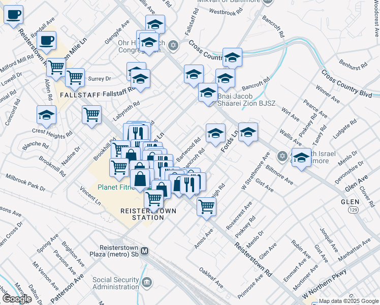 map of restaurants, bars, coffee shops, grocery stores, and more near 3813 Bartwood Road in Baltimore