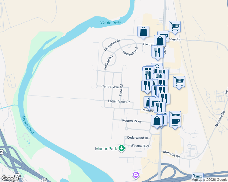 map of restaurants, bars, coffee shops, grocery stores, and more near 346 Midland Road in Chillicothe