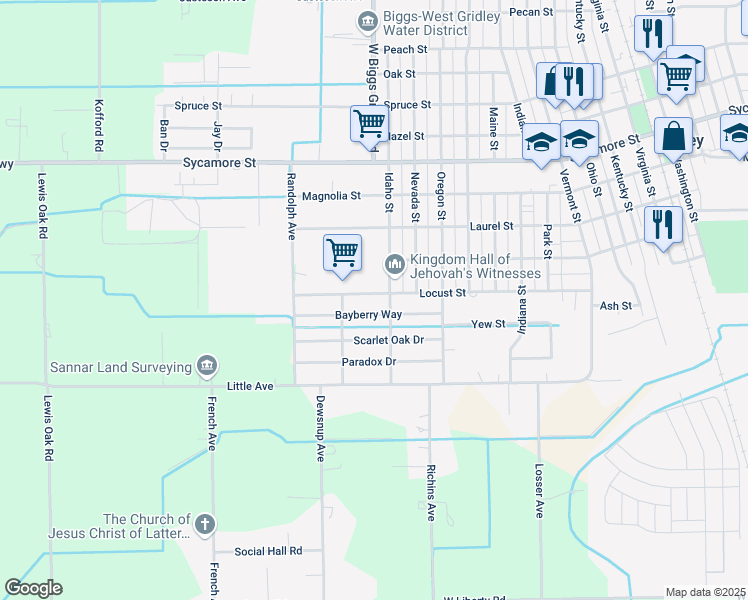 map of restaurants, bars, coffee shops, grocery stores, and more near 401 Locust Street in Gridley