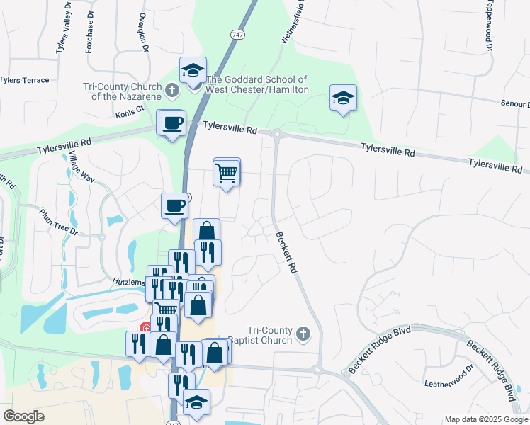 map of restaurants, bars, coffee shops, grocery stores, and more near 8203 Park Place Circle in Beckett Ridge