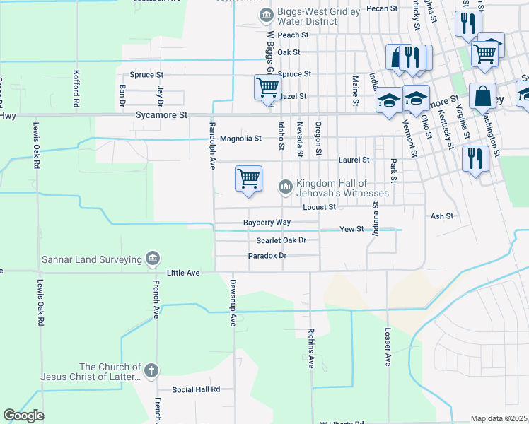 map of restaurants, bars, coffee shops, grocery stores, and more near 401 Locust St in Gridley