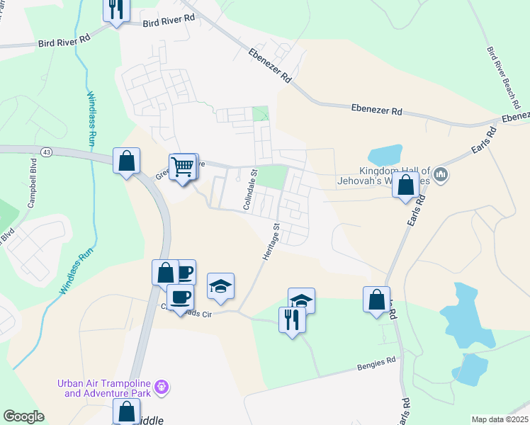 map of restaurants, bars, coffee shops, grocery stores, and more near 405 Redbridge Street in Middle River