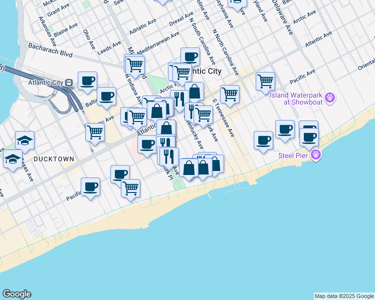 map of restaurants, bars, coffee shops, grocery stores, and more near 123 South Doctor Martin Luther King Boulevard in Atlantic City