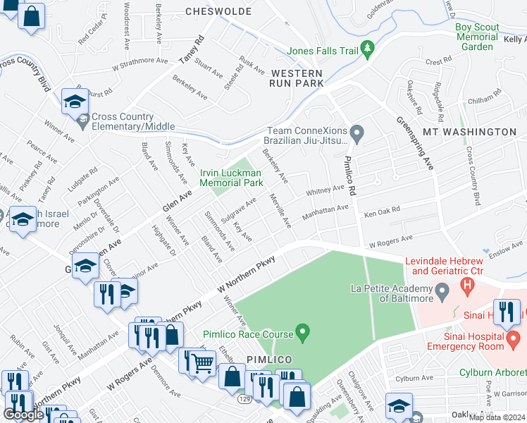 map of restaurants, bars, coffee shops, grocery stores, and more near 2810 Whitney Avenue in Baltimore