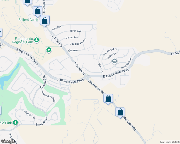 map of restaurants, bars, coffee shops, grocery stores, and more near Baldwin Park Road in Castle Rock