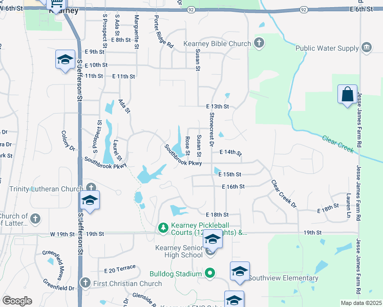 map of restaurants, bars, coffee shops, grocery stores, and more near 1405 Rose Street in Kearney