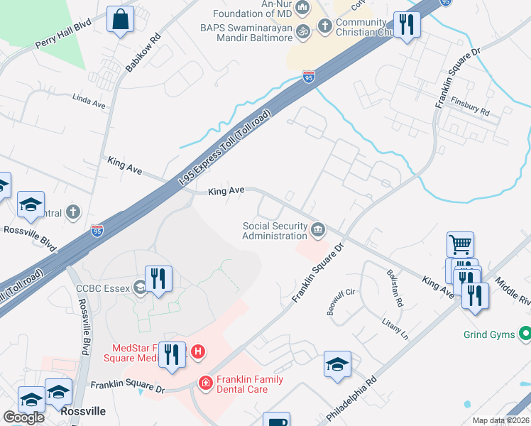 map of restaurants, bars, coffee shops, grocery stores, and more near 7616 Chesterfield Way in Rosedale