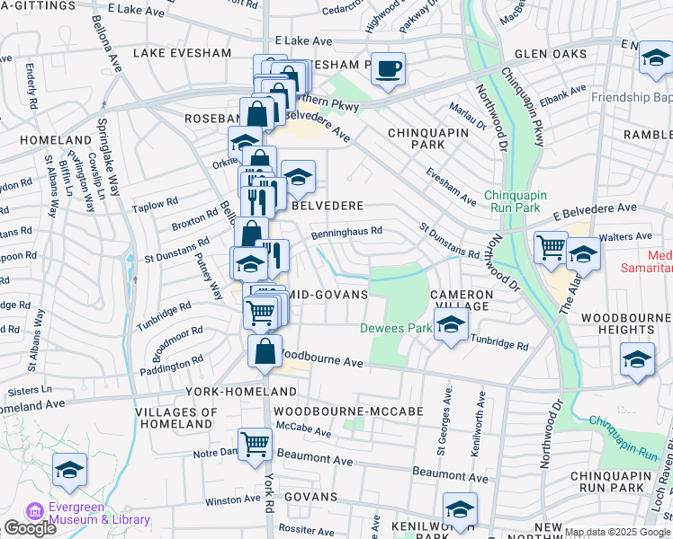 map of restaurants, bars, coffee shops, grocery stores, and more near 5606 Clearspring Road in Baltimore