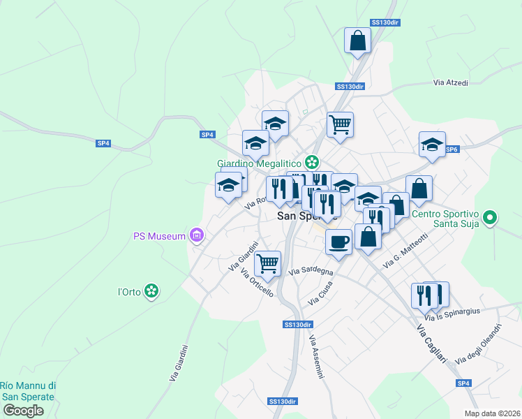map of restaurants, bars, coffee shops, grocery stores, and more near 24 Via V. Emanuele in San Sperate