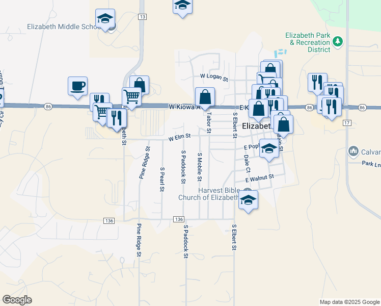 map of restaurants, bars, coffee shops, grocery stores, and more near 424 South Paddock Street in Elizabeth
