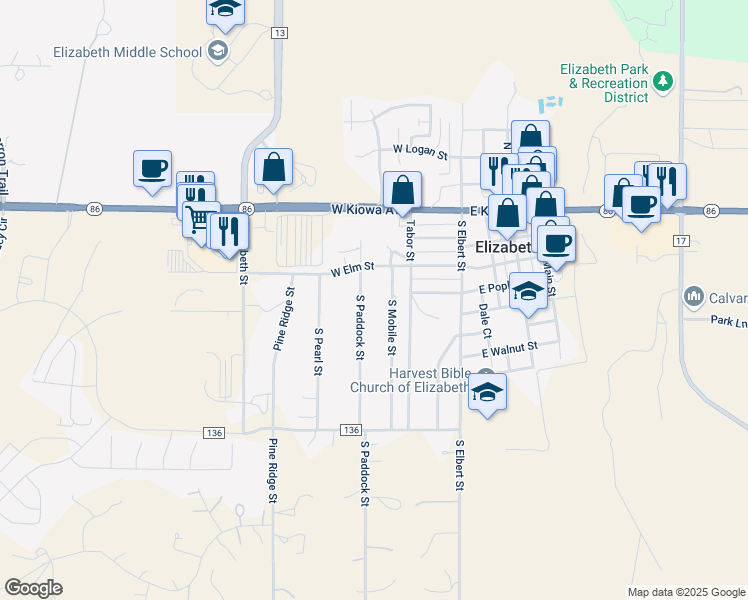 map of restaurants, bars, coffee shops, grocery stores, and more near 424 South Paddock Street in Elizabeth