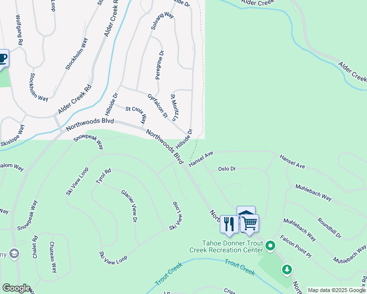 map of restaurants, bars, coffee shops, grocery stores, and more near 12387 Hillside Drive in Truckee