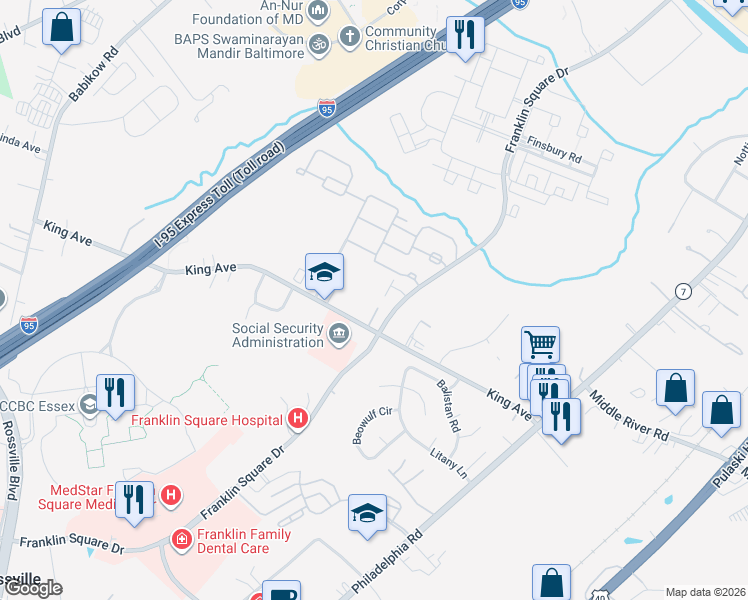 map of restaurants, bars, coffee shops, grocery stores, and more near 12 King Square Court in Rosedale