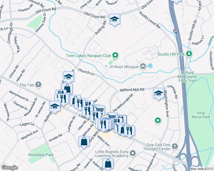 map of restaurants, bars, coffee shops, grocery stores, and more near 8123 Church Lane in Milford Mill