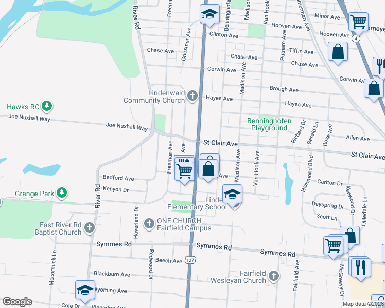 map of restaurants, bars, coffee shops, grocery stores, and more near 3880 Pleasant Avenue in Hamilton