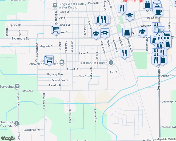 map of restaurants, bars, coffee shops, grocery stores, and more near 1335 Locust Street in Gridley