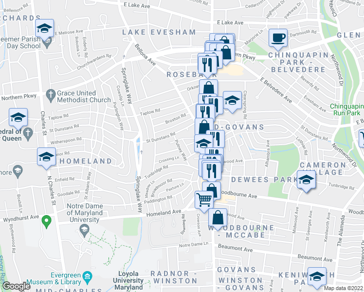 map of restaurants, bars, coffee shops, grocery stores, and more near 5219 Putney Way in Baltimore
