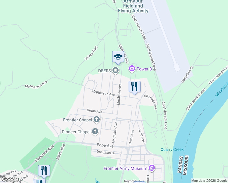 map of restaurants, bars, coffee shops, grocery stores, and more near 410 McPherson Avenue in Fort Leavenworth
