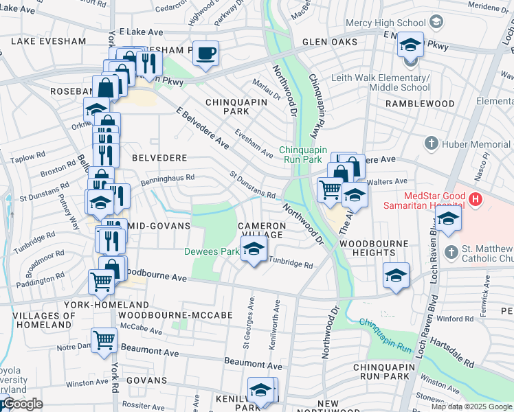 map of restaurants, bars, coffee shops, grocery stores, and more near 5634 Midwood Avenue in Baltimore