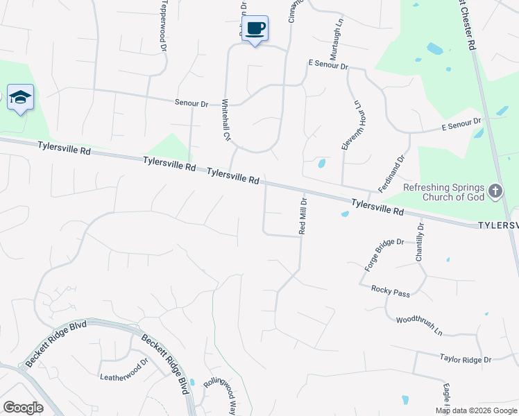 map of restaurants, bars, coffee shops, grocery stores, and more near 7847 Pheasant Hill Drive in Beckett Ridge